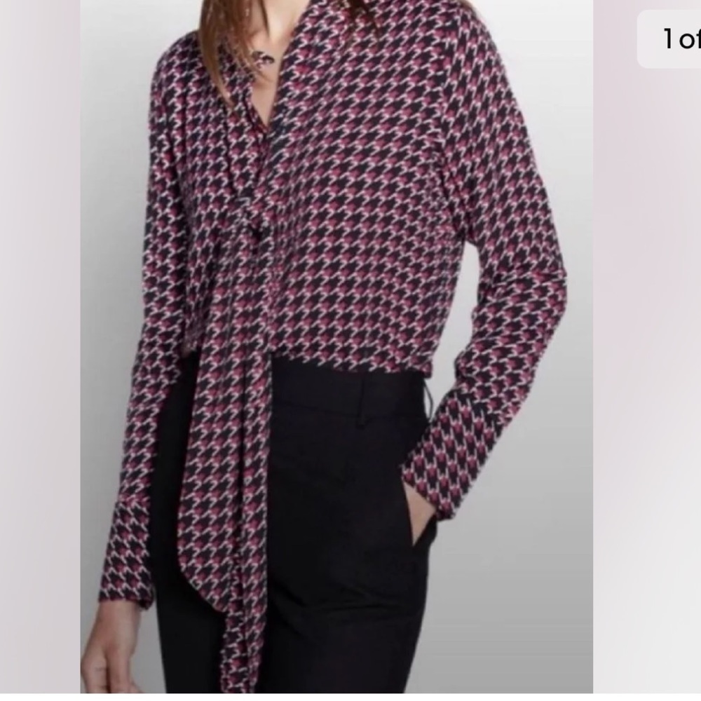 Equipment Houndstooth Button Up Blouse Long Sleeve Tie Neck XL
